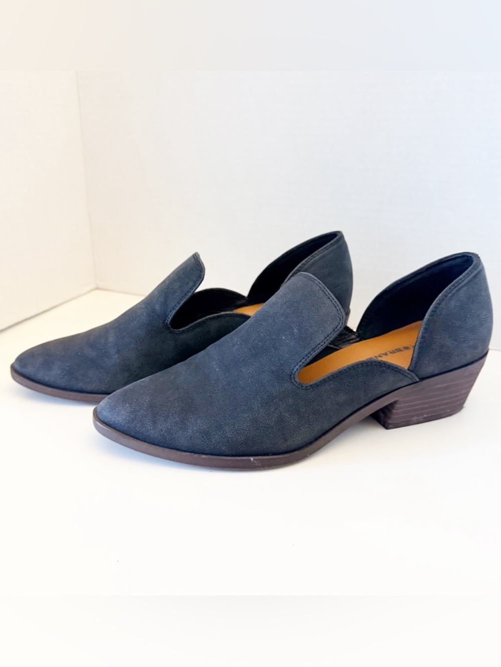 Lucky Brand Mizina Navy Blue Slip-On Shooties with Stacked Heel